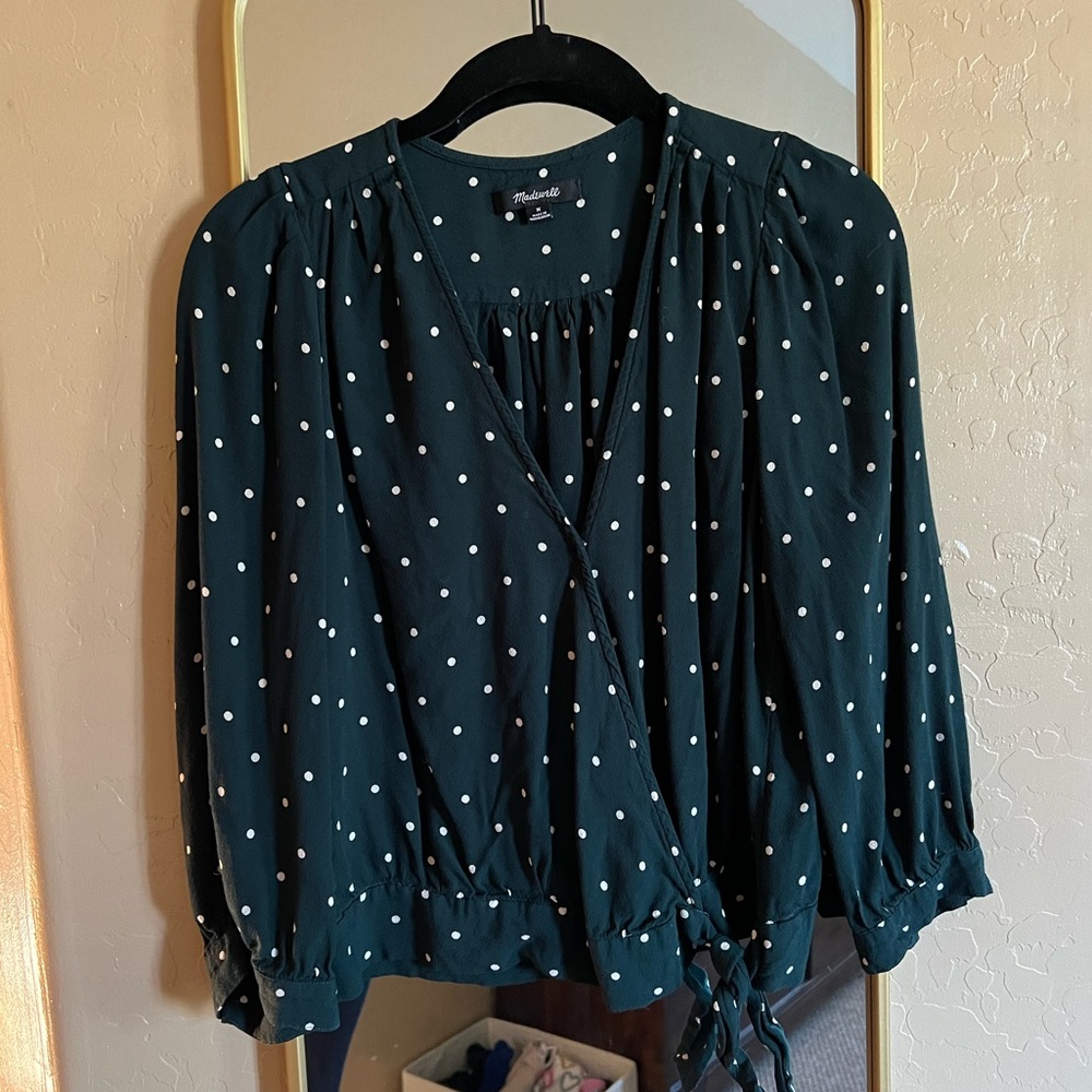 Madewell Green Polka Dot 3/4 Sleeve Faux Wrap Blouse Top Size M
